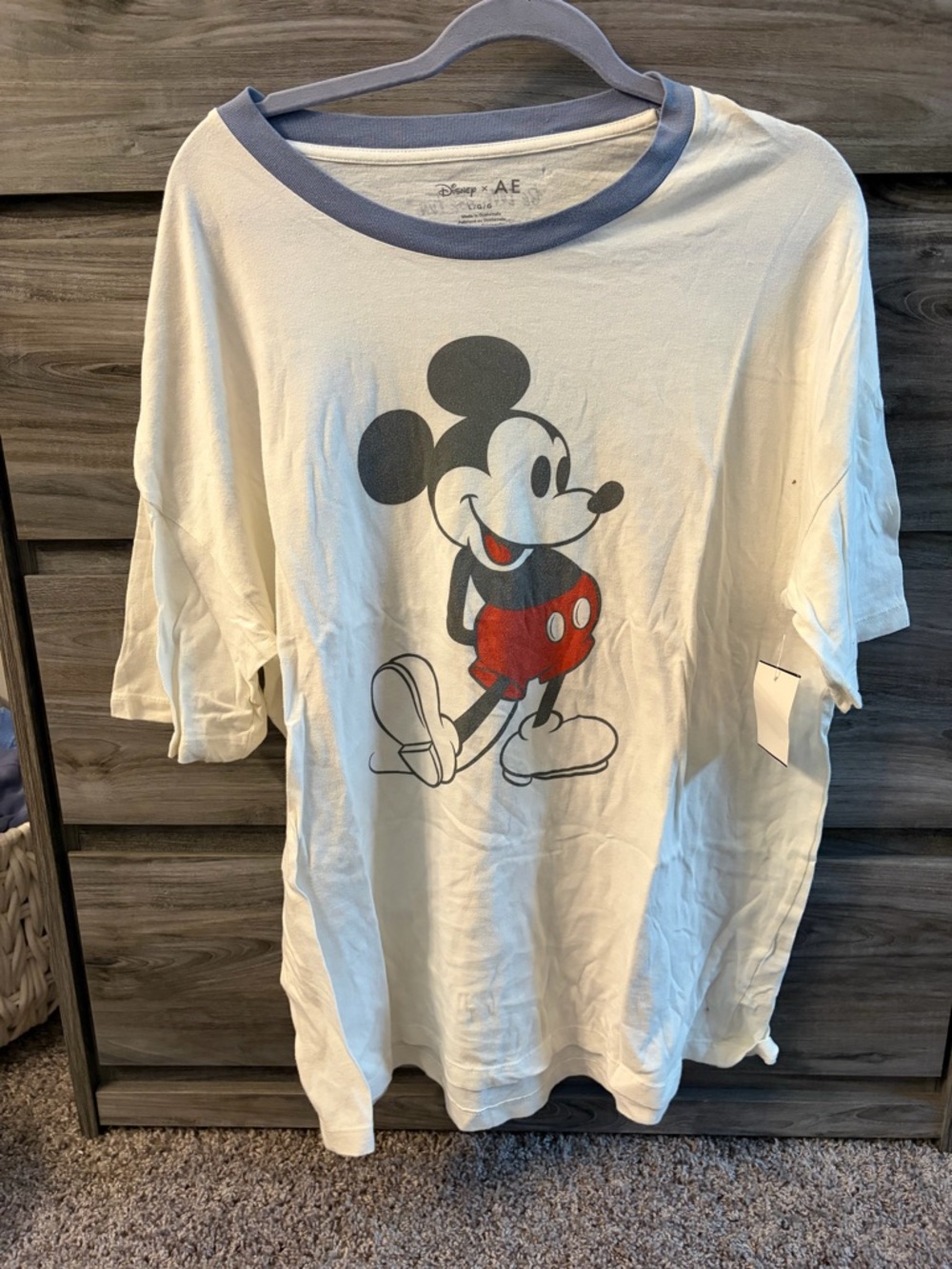 American Eagle Outfitters White Tee with Blue Neckline and Red Mickey Print